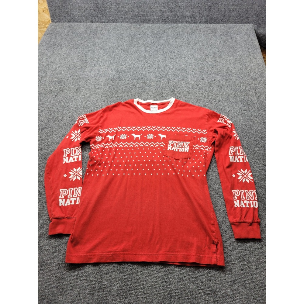 Victoria's Secret PINK Nation Red Holiday Fair Isle Long Sleeve Pocket Tee S